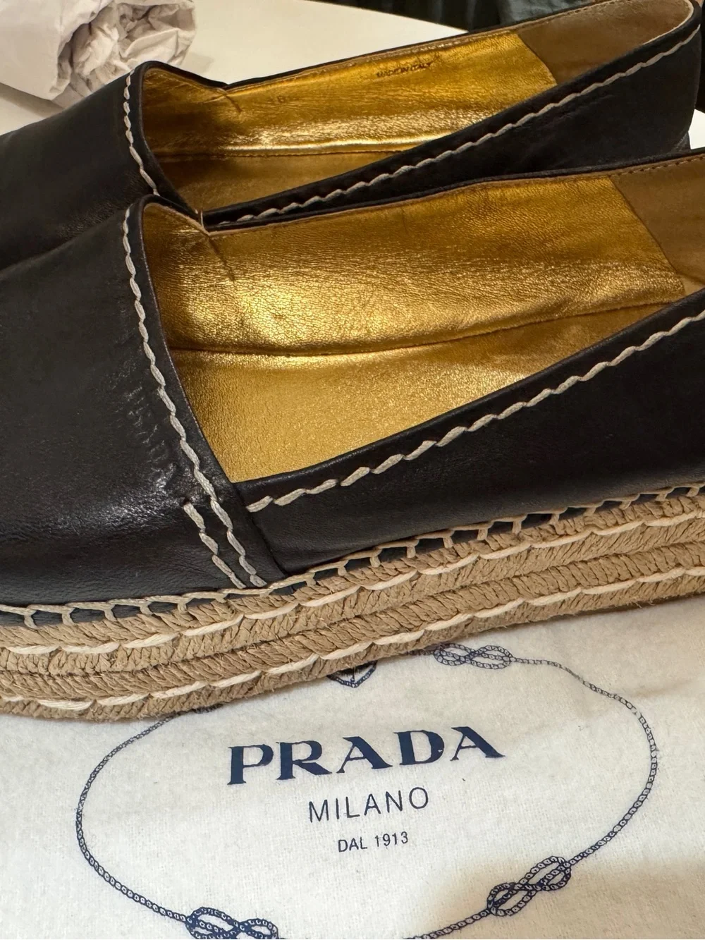 Prada Platform Espadrilles. Leather Peeptoe stitched Size 38.  Beautiful Quality